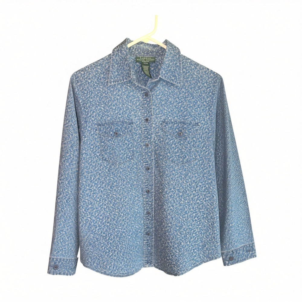 Lauren Ralph Lauren Petite Blue Floral Print Long Sleeve Button-Up Shirt